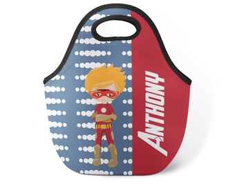 Personalized Superhero Lunch Tote - Blue Dots Super Hero Snack Sack, Red Super Boy Hero Neoprene Lunch Bag, You Pick Boy - Kids Name Gift