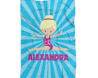Gymnastic Blanket - Blue Stripe Gym Soft Throw, Purple Leotard Girl Gymnast Personalized Blanket, You Pick Girl - Kids Name Gift