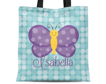 Personalized Butterfly Tote Bag - Turquoise Polka Dot Butterfly Sack, Beautiful Purple Butterfly Tote Bag - Kids Name Gift