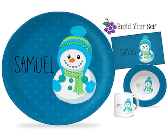Kids Snowman Plate - Blue Snowflake Dots Winter Snowmen Dinner Plate Set, Snowball Snowman Personalized Melamine Plate - Childs Name Gift