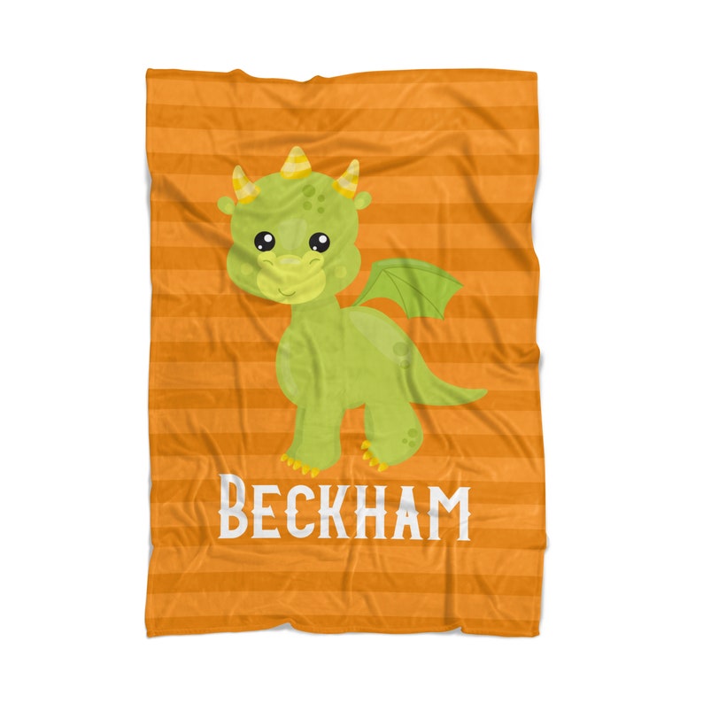 Kids Dragon Blanket Orange Stripes Mythical Creature Soft Throw Decor, Little Green Lizard Dragon Personalized Blanket Childs Name Gift image 1