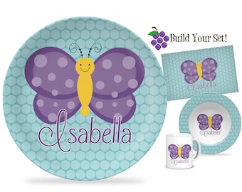 Butterfly Personalized Plate - Teal Turquoise Polka Dots Butterfly Dinner Plate, Beautiful Little Purple Butterfly Plate - Kids Name Gift