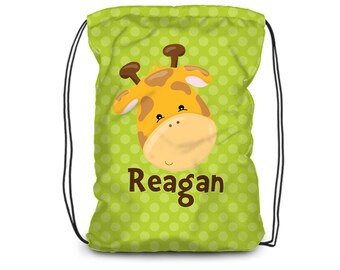 Safari Personalized Drawstring Backpack - Lime Polka Dots Giraffe Cinch Sack, Jungle Animal Backpack Bag, You Pick Animal - Kids Name Gift