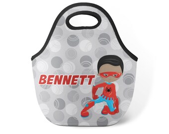 Superhero Personalized Lunch Tote - Gray Polka Dots Hero Snack Sack, Red Spider Boy Hero Neoprene Lunch Bag, You Pick Boy - Kids Name Gift