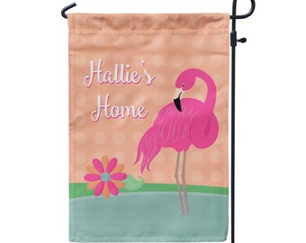 Flamingo Garden Flag - Coral Dots Tropical Birds Yard Flag, Pink Flamingo Banner Personalized Name Garden Flag - Personalized Family Name