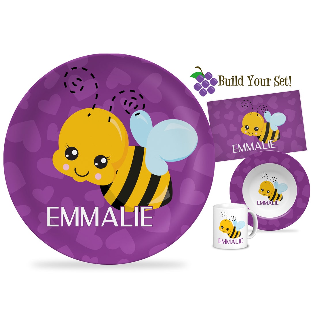 Honey Bee Plate Purple Hearts Bumble Bee Dinner Plate, Yellow Happy