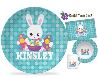 Personalized Easter Plate - Turquoise Polka Dot Easter Dinner Plate, Cute Litttle Baby Easter Bunny Chick Melamine Plate - Kids Name Gift