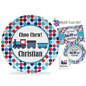 Kids Train Personalized Plate - Red Blue Polka Dot Train Car Caboose Dinner Plate, Turquoise Little Train Engine Plate - Childs Name Gift