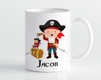 Pirate Personalized Mug - Red Kids Pirate Drink Cup, Treasure Chest Pirate Mug, You Pick Boy, Plastic Metal Ceramic Mug - Childs Name Gift