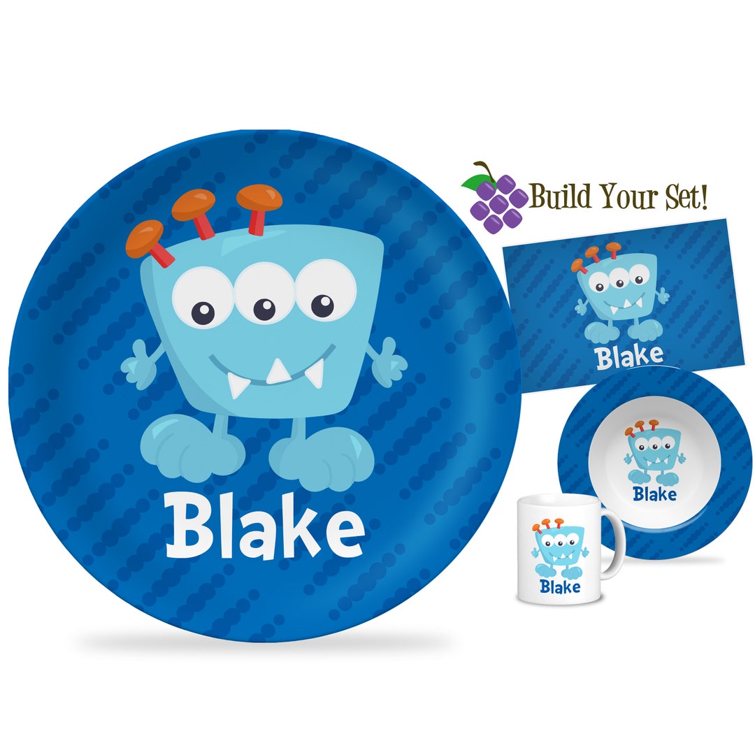 Personalized Monster Plate Blue Polka Dot Alien Monster Dinner Plate