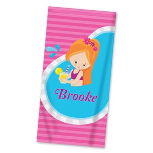 Personalized Pool Beach Towel - Pink Stripe Swimmer Lightweight Pool Towel, Blue Water Swim Pool Bath Towel, You Pick Girl - Kids Name Gift
