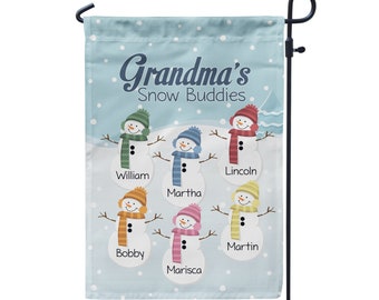 Grandmas Garden Flag - Winter Retro Garden Flag, Snowman Grandkids, Grandmother Yard Sign Personalized Name Garden Flag - Mothers Day Gift