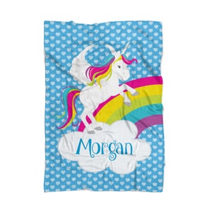 Personalized Unicorn Blanket - Blue Hearts Unicorn Throw Decor, Magical Rainbow Unicorn Blanket, You Pick Unicorn - Kids Name Gift