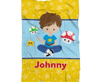 Gamer Blanket - Yellow Stars Game Player Throw Blanket Decor, Blue Video Game Controller Personalized Blanket, You Pick Boy - Kids Name Gift