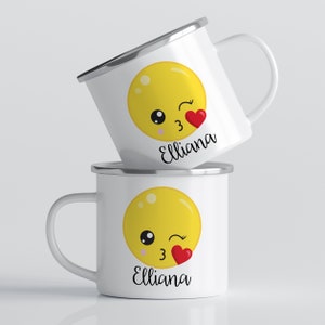 Emoji Personalized Mug - Kissy Face Emoji Cup, Kids Silly Wink Heart Emoji Mug, You Pick Emoji, Plastic Metal Ceramic Mug - Childs Name Gift