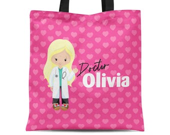 Doctor Tote Bag - Pink Hearts Medical Doc Tote Sack, Girl Hospital Hero Doctor Personalized Tote Bag, You Pick Girl - Kids Name Gift Bag