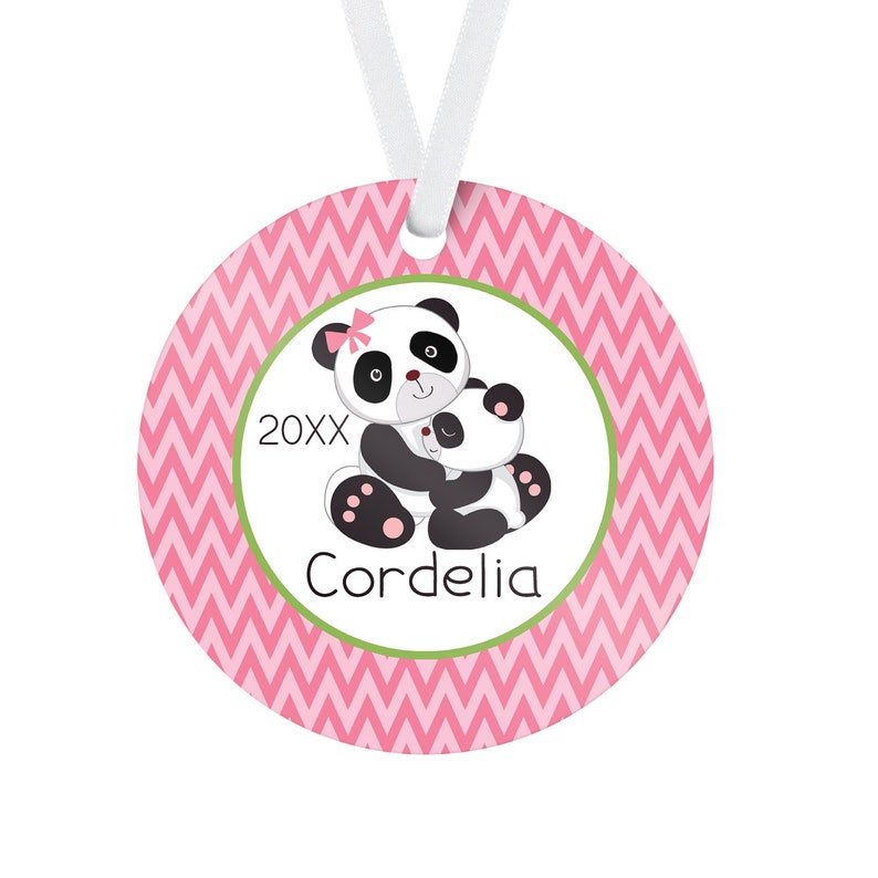 Panda Ornament Pink Chevron Bear Holiday Decor, Cute Girl Panda Bear Personalized Christmas Tree Ornament, You Pick Panda Kids Name Gift image 1