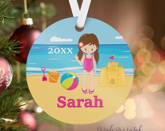 Beach Ornament - Blue Ocean Holiday Decor, Sandcastle Sea Shore Girl Personalized Christmas Tree Ornament, You Pick Girl - Kids Name Gift