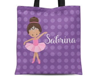 Ballerina Tote Bag - Purple Polka Dot Ballet Sack, Pink Tutu Ballet Dancer Personalized Tote Bag, You Pick Girl - Kids Name Gift