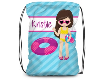 Pool Drawstring Backpack - Blue Stripe Pool Swim Cinch Sack, Pink Purple Pool Personalized Bag, You Pick Girl - Kids Name Gift