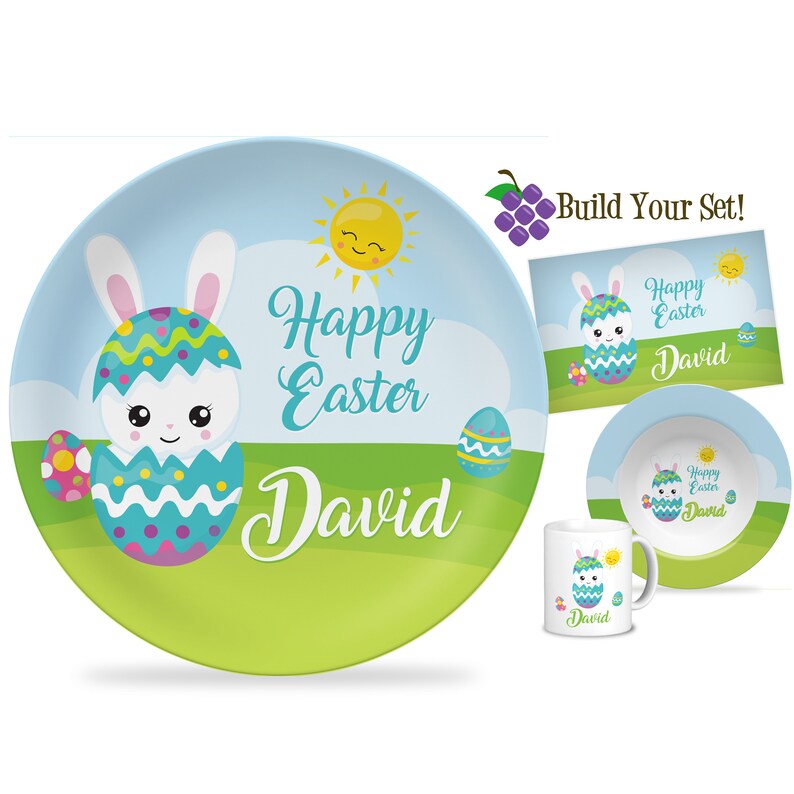 Kids Easter Plate Happy Easter Dinner Plate Blue Sky Green Etsy