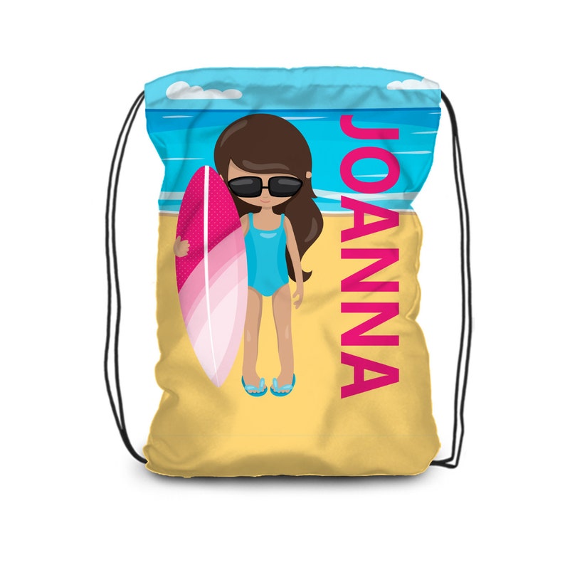 You Pick Girl Surf Personalized Drawstring Backpack Ocean Beach Swim Cinch Sack Beach Sea Shore Pink Surfer Bag Kids Name Gift