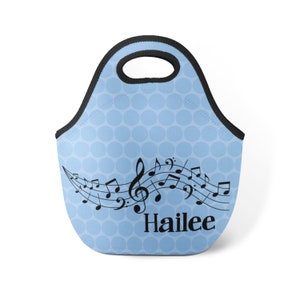 Personalized Music Lunch Tote - Blue Polka Dots Music Note Snack Sack, Musical Staff Neoprene Lunch Bag, You Pick Image - Kids Name Gift