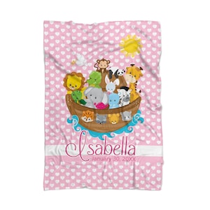 Noahs Ark Personalized Blanket - Pink Hearts Noahs Ark Soft Throw Blanket Decor, Nursery Noahs Ark Animals Baby Blanket - Kids Name Gift