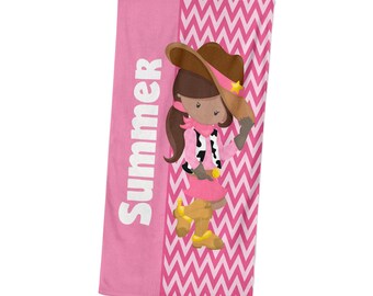 Personalized Cowgirl Beach Towel - Pink Chevron Wild West Cowgirl Lightweight Pool Towel, Cowboy Girl Towel, You Pick Girl - Kids Name Gift