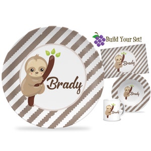Kids Sloth Plate - Brown Stripes Sloth Dinner Plate, Sleepy Animal Sloth Personalized Plate, You Pick Sloth - Childs Personalized Name Gift