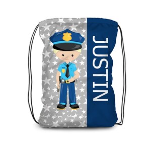 Police Drawstring Backpack - Gray Stars Police Officer Cinch Sack, Police Boy, Blue Police Personalized Bag, You Pick Kid - Kids Name Gift