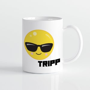 Emoji Mug - Cool Sunglasses Emoji Drinkware Cup, Kids Emoji Personalized Mug, You Pick Emoji, Plastic Metal Ceramic Mug - Childs Name Gift