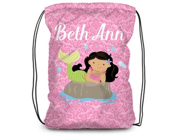 Personalized Mermaid Drawstring Backpack - Pink Damask Mermaid Cinch Sack, Girl Ocean Mermaid Bag, You Pick Girl - Kids Name Gift