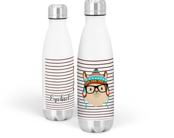 Llama Water Bottle - Brown Stripes Alpaca Stainless Steel Water Bottle, Hipster Llama Personalized Bottle, You Pick Llama - Kids Name Gift