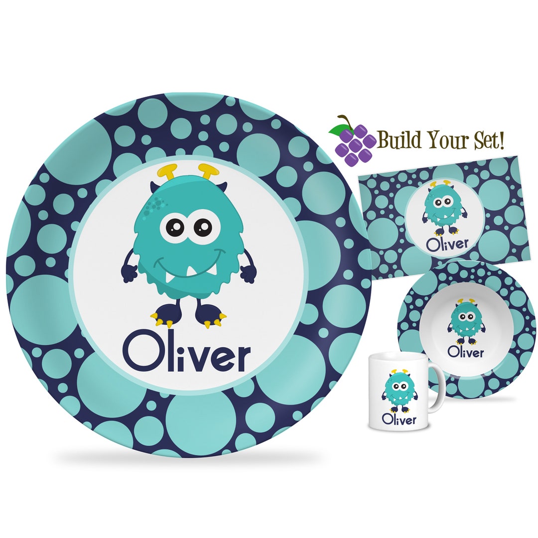 Personalized Monster Plate Navy Blue Dot Alien Monster Dinner Plate Set