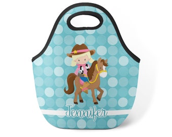 Cowgirl Lunch Tote - Turquoise Dot Sheriff Snack Sack, Western Horse Cowgirl Neoprene Personalized Lunch Bag, You Pick Girl - Kids Name Gift