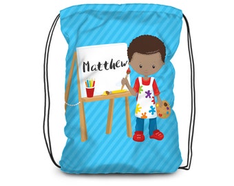 Art Drawstring Backpack - Blue Stripe Artist Cinch Sack, Art Painter Drawing Personalized Bag, You Pick Boy - Kids Name Gift