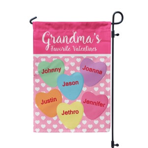 Grandmas Garden Flag - Valentines Day Flag, Candy Heart Grandkid Name, Grandmother Nana Mama Mom Yard Sign Personalized, Flower Garden Decor