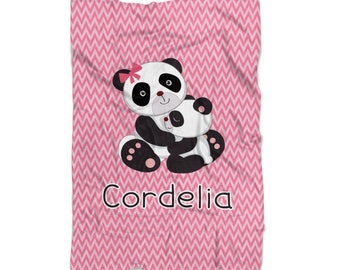 Panda Kids Blanket - Pink Chevron Bear Throw Blanket Decor, Panda Bear Hug Personalized Blanket, You Pick Panda - Childs Name Gift