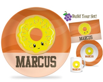 Donut Kids Plate - Orange Camo Swirl Donut Dessert Plate Set, Yellow Sprinkle Doughnut Personalized Plate, You Pick Donut - Childs Name Gift