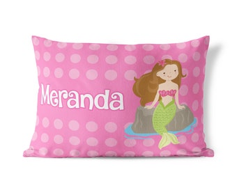 Personalized Mermaid Pillowcase - Pink Polka Dots Ocean Standard Pillow, Beautiful Mermaid Pillow Case, You Pick Girl - Kids Name Gift