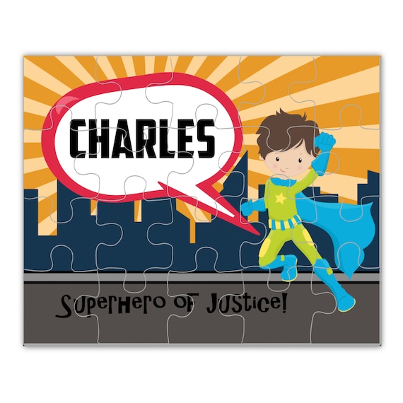 Personalized Superhero Puzzle Orange Big City Boy Super Hero Puzzle,  Superhero Personalized Puzzle, You Pick Boy Kids Name Gift 