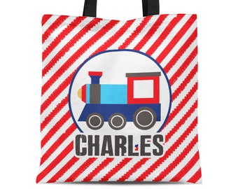 Kids Train Tote Bag - Red Stripes Train Engine Tote Sack, Blue Train Engineer Conductor Car Personalized Tote Bag - Childs Name Gift Bag