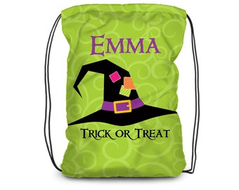 Personalized Halloween Drawstring Backpack - Lime Green Swirl Witch Cinch Sack, Purple Black Witch Hat Bag - Kids Trick or Treat Bag