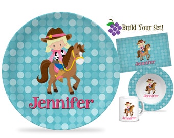 Cowgirl Plate - Turquoise Teal Dots Girls Cowboy Dinner Plate, Horse Rider Cowgirl Personalized Plate, You Pick Cowgirl - Kids Name Gift