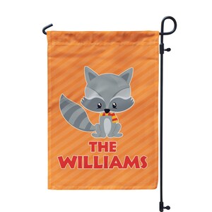 Raccoon Garden Flag - Orange Stripes Fall Animal Yard Flag, Gray Raccoon Banner Personalized Name Flag, You Pick Animal - Family Name Gift