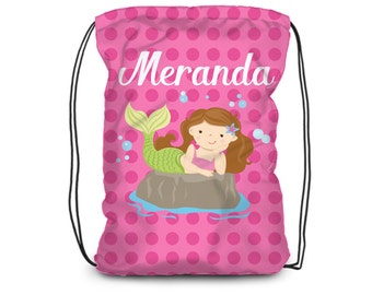 Mermaid Drawstring Backpack - Pink Polka Dot Mermaid Cinch Sack, Girl Mermaid Personalized Bag, You Pick Girl - Kids Name Gift