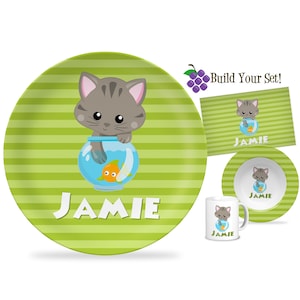 Cat Personalized Plate - Lime Green Stripe Pet Kitten Dinner Plate, Mischievous Fish Bowl Kitty Cat Plate, You Pick Cat - Kids Name Gift