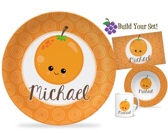 Orange Fruit Plate - Orange Dots Silly Sweet Fruit Dinner Plate, Fun Face Kawaii Orange Personalized Plate, You Pick Fruit - Kids Name Gift