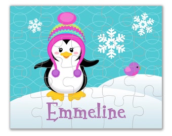 Penguin Personalized Puzzle - Snowflake Penguin Puzzle, Pink Teal Winter Penguin Puzzle, You Pick Penguin - Kids Name Gift